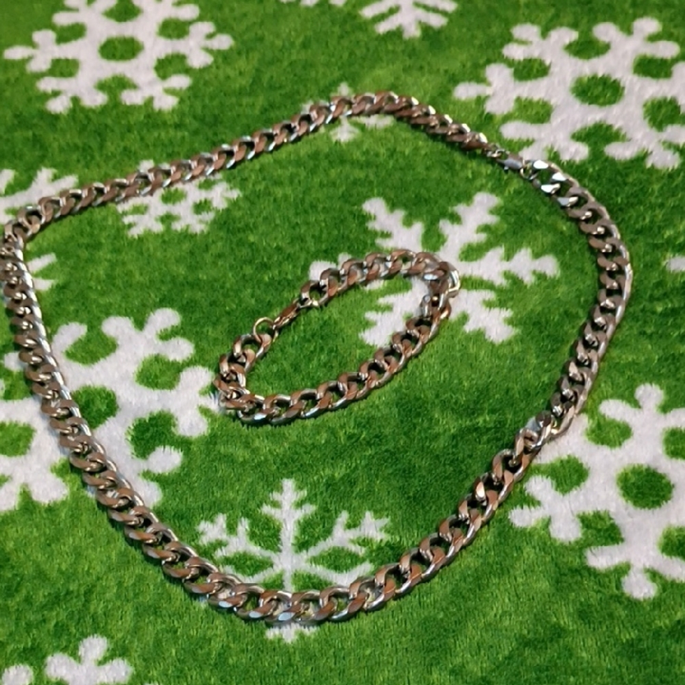 Silver Costume Cuban Link Style Chain Necklace and Bracelet Set
